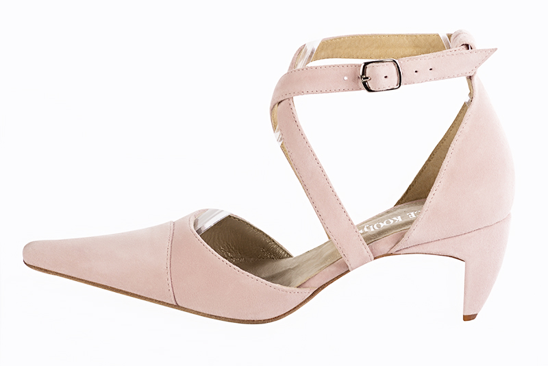 Powder pink women's open side shoes, with crossed straps. Pointed toe. Medium comma heels. Profile view - Florence KOOIJMAN
